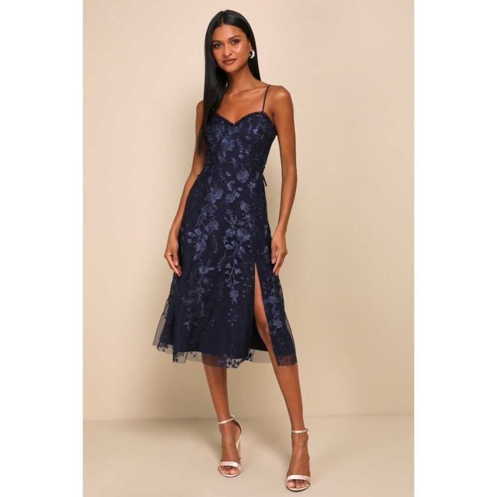 Lulus Charmingly Sophisticated Navy Blue Tulle Embroidered Midi Dress - Size S